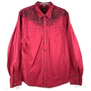 Vtg Guess Western Red Embroidered Button Front Long Sleeve Shirt Y2K Men's Large